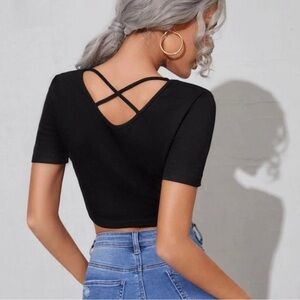 New SHEIN Solid Black Criss Cross Back Gothic Y2K Crop T-Shirt Size Medium